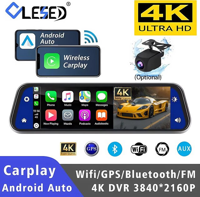 10 Zoll Dashcam 4K OLESED Auto-DVR mit Carplay, Android Auto, GPS und 5G WLAN in Schwarz - Bild 1