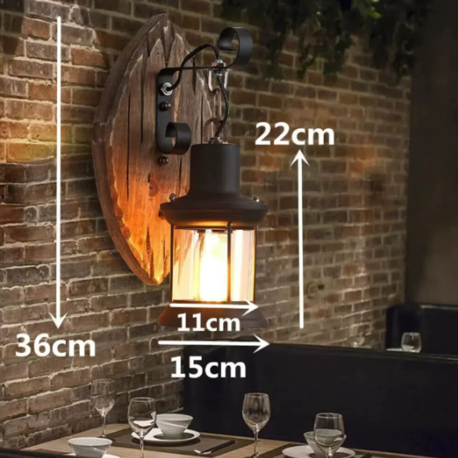 Bymaocar Wandleuchte im Industrie-Design aus Holz und Metall in Schwarz mit transparentem Glas und E27 Fassung, H: 36,0 cm, B: 15,0 cm, T: 11,0 cm - Bild 4