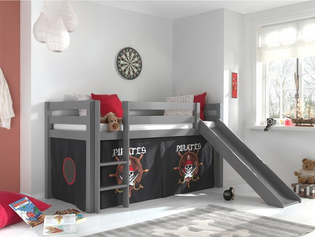 Spielbett Pino mit Rutsche und Textilset aus Kiefernholz in Grau - Bild 1