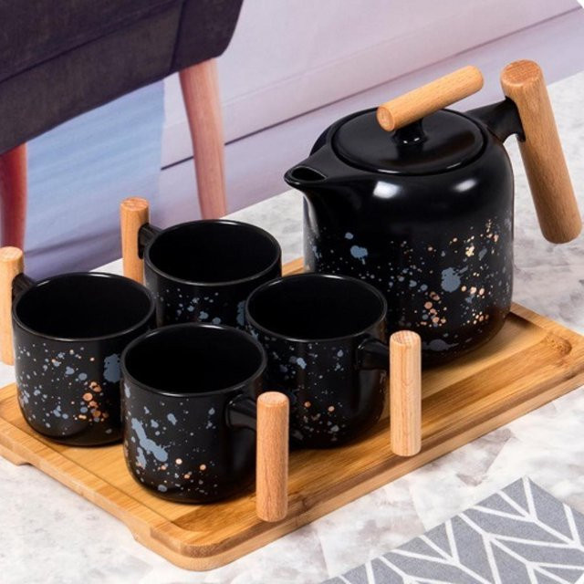 Yiran Furniture Keramik Heiß-Kaltwasserkessel Set im chinesischen Stil mit Spritzfarben in Schwarz, Teekanne 760 ml und Tassen 180 ml - Bild 1