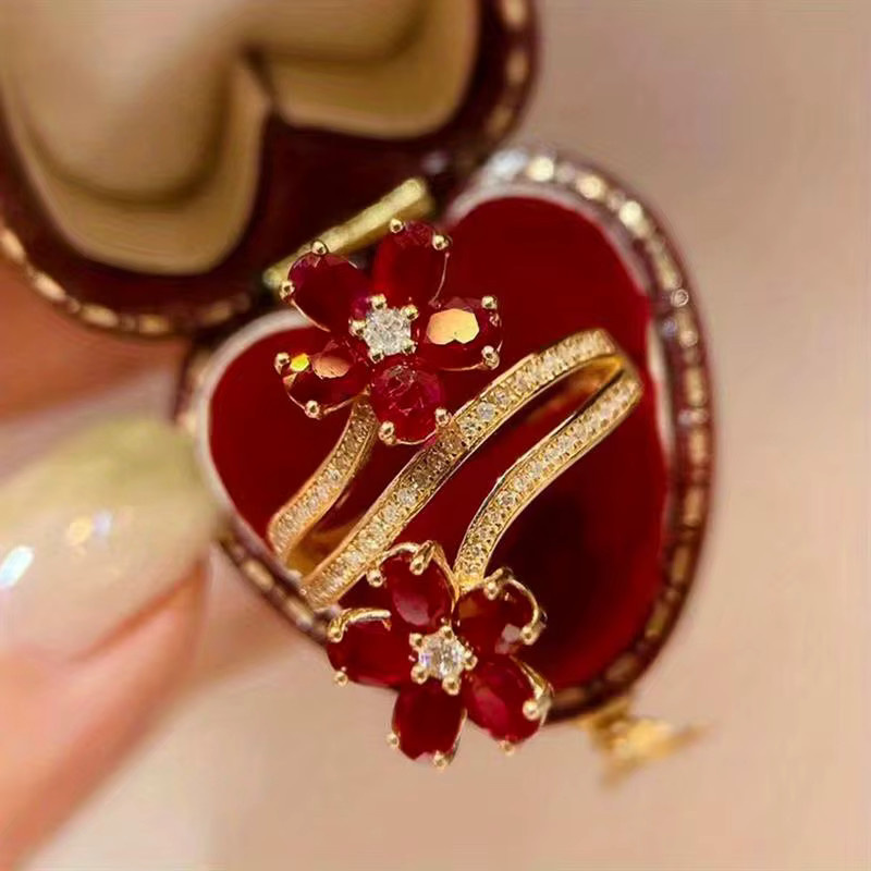 Huitan Blumenring, Gold, roter Zirkonia, Damen - Bild 2