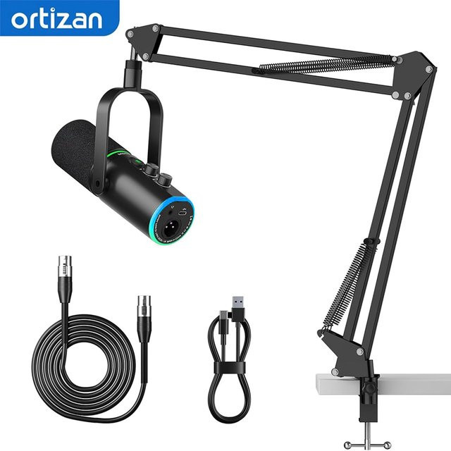 Ortizan Gaming Dynamisches XLR/USB-Mikrofon in Schwarz mit RGB-Beleuchtung, Stummschalttaste und Gain-Regler für PC und Tablet - Bild 1