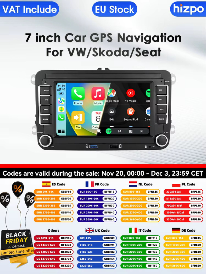 Hizpo Android 14 Autoradio mit 7 Zoll Display, Carplay und 4G AI System für Volkswagen VW Passat B6 B7 T5 Tiguan Touran Golf Polo, Schwarz - Bild 5