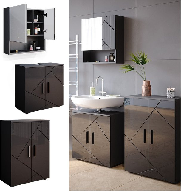 Vicco Badmöbel Set Irma in Anthrazit Hochglanz bestehend aus 3 Teilen mit Spiegelschrank, LED-Beleuchtung und Unterschrank Breite: 60 cm - Bild 1