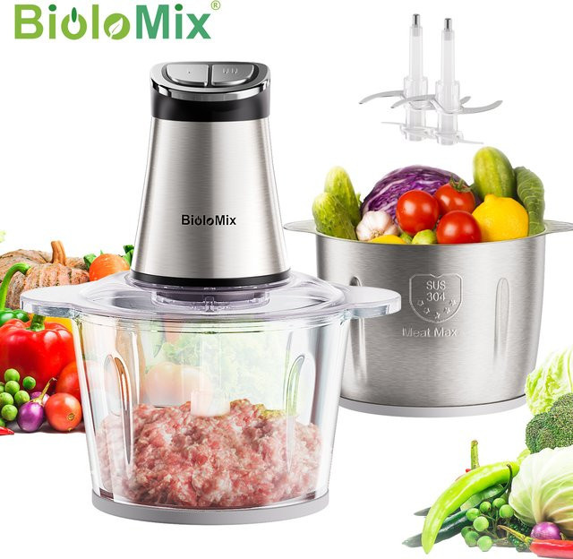 BioloMix Elektrischer Zerkleinerer mit 300W, Mini-Format in Weiß und Silber mit 2 Schüsseln und 4 Klingen für Babynahrung, Hackfleisch, Zwiebeln und Kräuter - Bild 1
