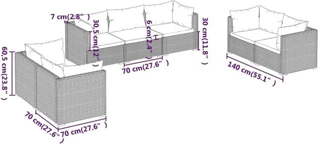 vidaXL 7-tlg Garten-Lounge-Set L-Form aus Poly Rattan in Grau mit Kissen und pulverbeschichtetem Stahlgestell - Bild 1