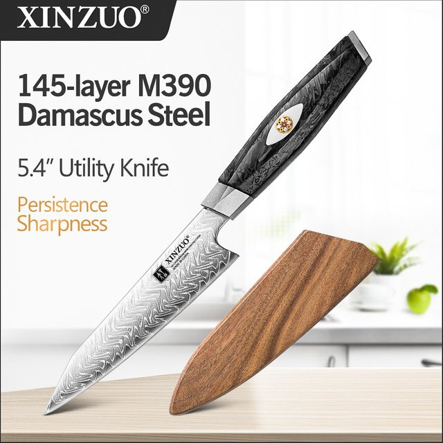 XINZUO Allzweckmesser aus 145-lagigem M390 Damaststahl mit Kohlefaser-Harzgriff in Silber - Bild 1