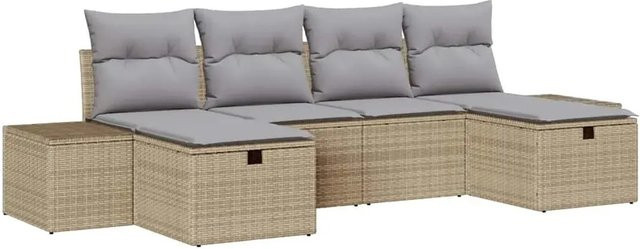 vidaXL Garten-Sofa-Set 6-teilig in L-Form mit Ottoman und Kissen, Beige, Poly-Rattan und Metallgestell - Bild 1