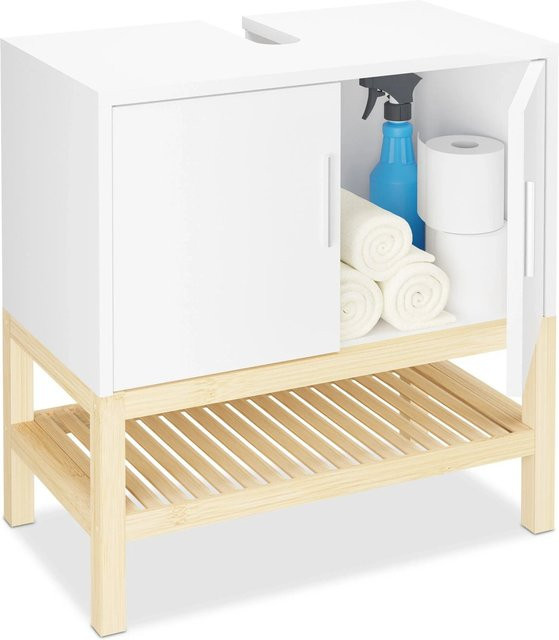 Relaxdays Waschbeckenunterschrank aus Bambus und MDF in Weiß Natur mit Ablage und Siphon-Aussparung, B/T/H: 60,5 x 33 x 60 cm - Bild 1