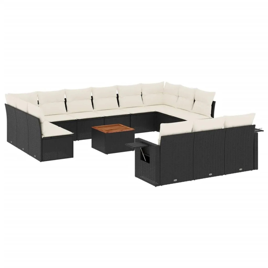 vidaXL 14-tlg. Garten-Sofagarnitur in L-Form aus Polyrattan und Akazienholz mit Kissen in Schwarz-Creme - Bild 2