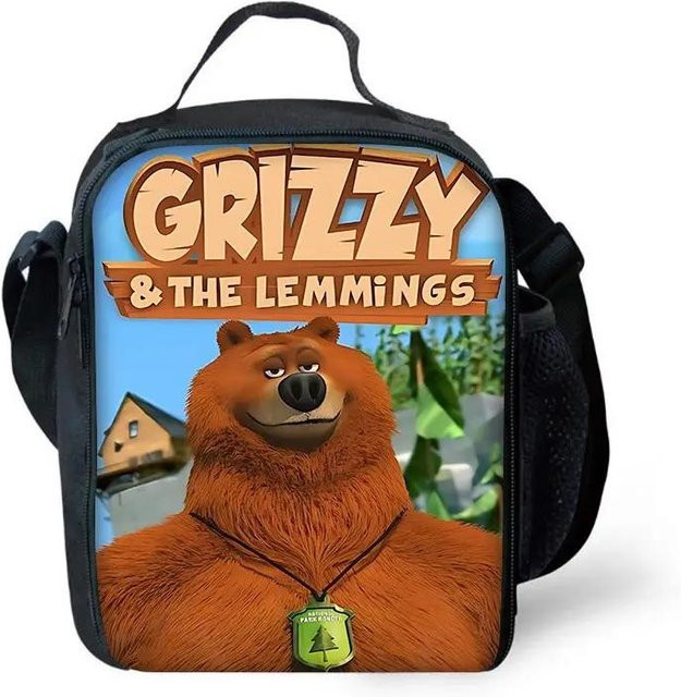 Fancy Style Studio Thermische Isolierte Kühlbox für Kinder Grizzly und die Lemminge, Schwarz, Wiederverwendbare Brotdose für Schule und Picknick - Bild 1