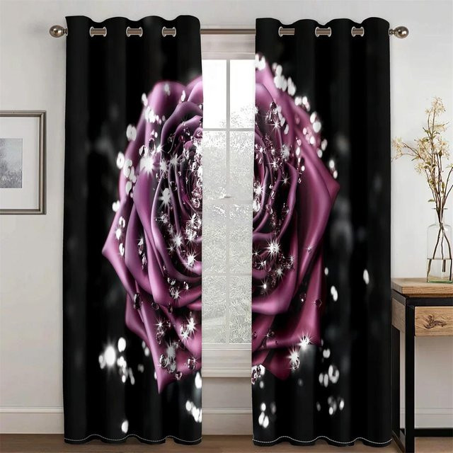 Luxuriöse 3D Wand-Spiralen-Illusion Vorhänge mit Blumendekor in Lila, 2 Paneele, semi-transparent, B: 100 cm, H: 160 cm - Bild 1