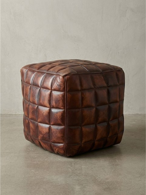 Sitzwürfel KADIMA DESIGN aus Echtleder in Braun mit orientalischem Design und gesteppten Quadraten, B/T/H: 39 x 41 x 39 cm - Bild 1
