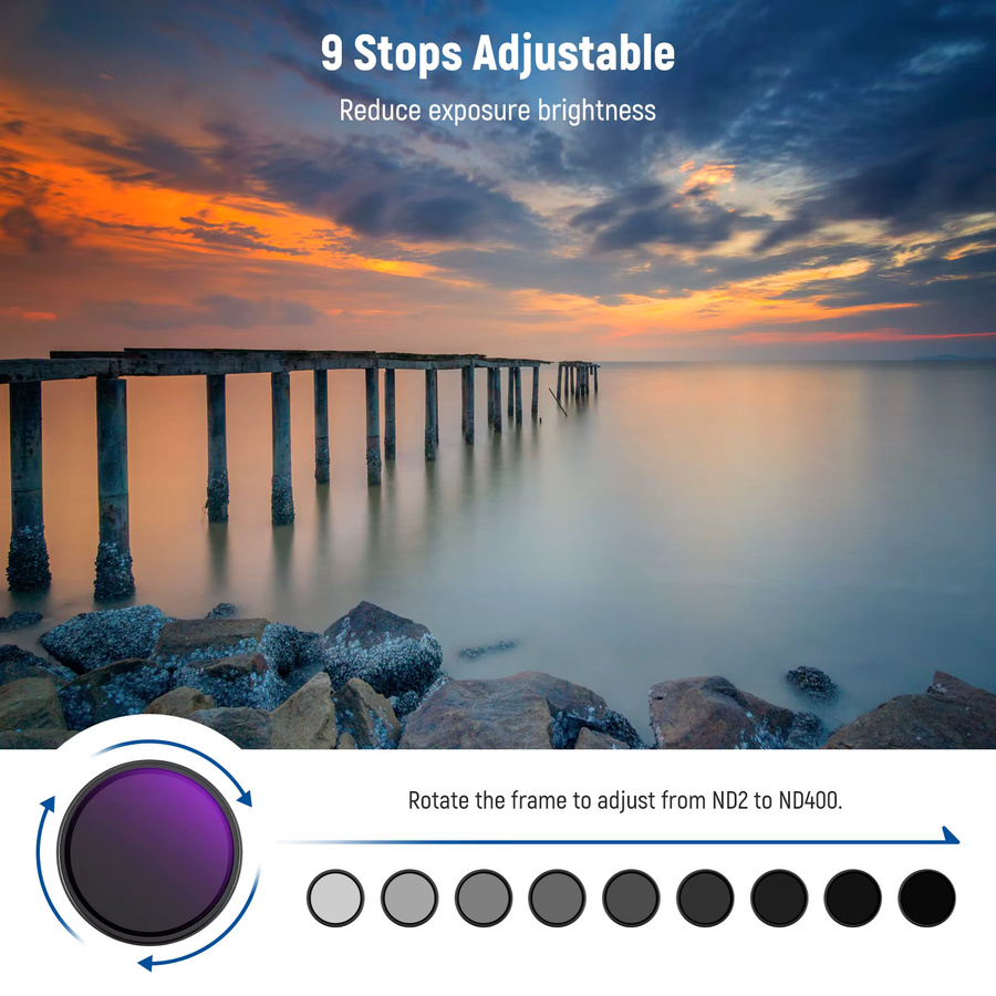 NEEWER ND2-400 variabler ND-Filter 67 mm in Schwarz mit Objektivdeckel, Umhängeband und Reinigungstuch aus optischem Glas - Bild 3