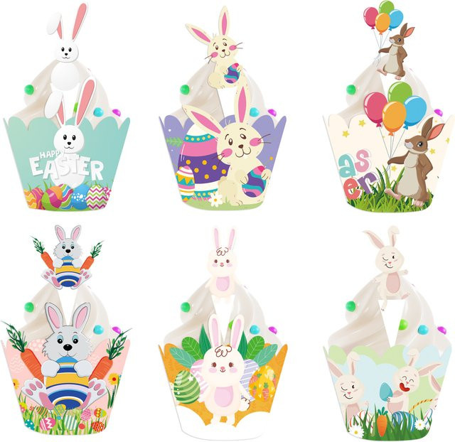 WEIGAO Cartoon Osterhase und Ei Cupcake Topper aus Papier, Mehrfarbig, Set für Oster- und Frühlingsdekoration - Bild 1