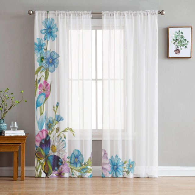 Super Six Transparenter Tüll-Vorhang mit Wildblumen und Schmetterlingen in Weiß, B: 135 cm, H: 114 cm - Bild 1