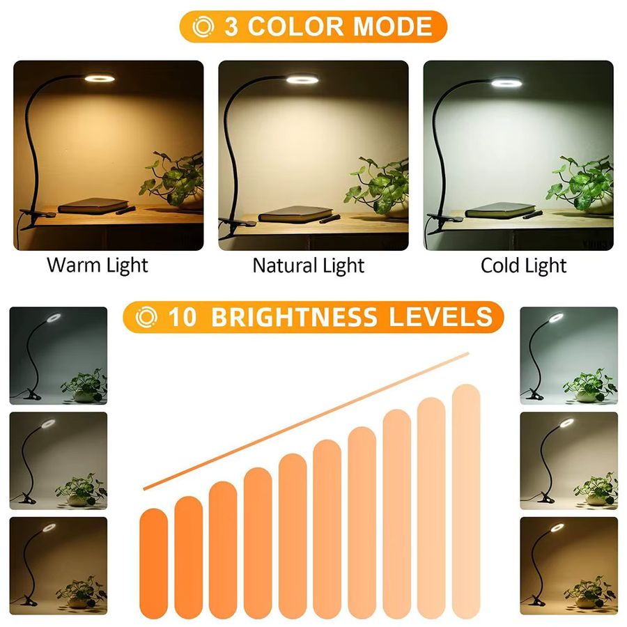 GGBEE LED Schreibtischlampe mit 48 LEDs, USB Clip-Leuchte mit 360 Grad Schwanenhals und einstellbarer Helligkeit für Augenschutz - Bild 3
