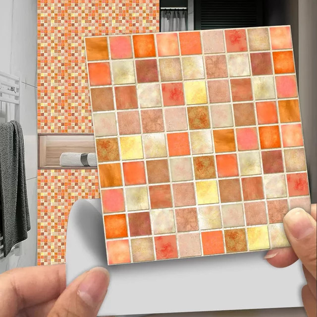 YanTin 10er Set Mosaik Wandaufkleber in Orange Marmor Optik aus PVC für Küche und Badezimmer - Bild 1