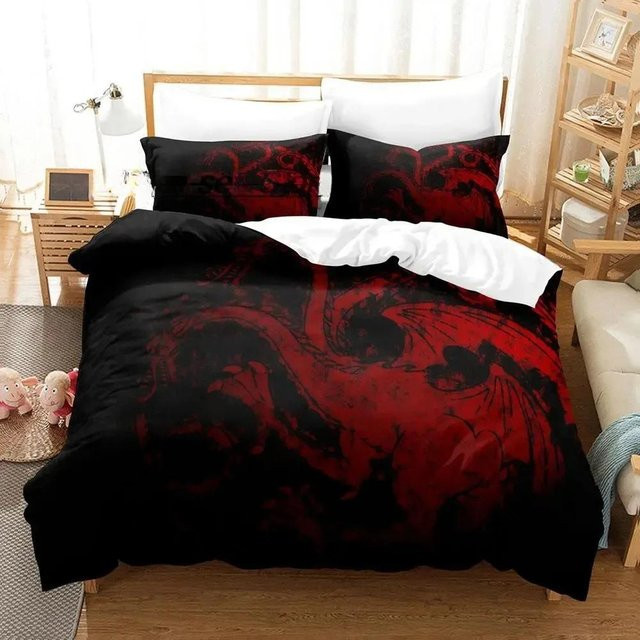 Feuerdrache Bettwäsche Set in Schwarz und Rot aus Mikrofaser, 3-teilig, B/B: 228 x 228 cm - Bild 1