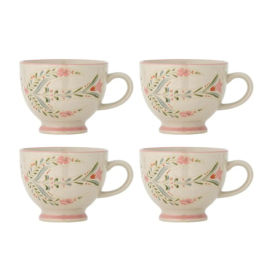 Bloomingville Tassen-Set Rosalynde aus Steingut in Weiß und Pink mit floralem Design, 4 Stück - Bild 1