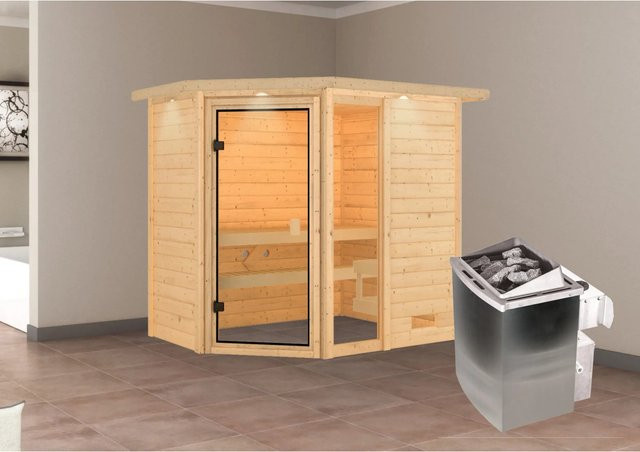 Karibu Massivholzsauna Jada in Natur mit 9.0 kW Ofen, integrierter Steuerung und LED-Dachkranz, B/T/H: 224 x 160 x 191 cm - Bild 1