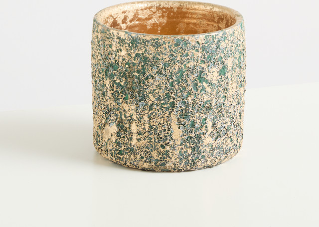 Keramik Übertopf von BLUME2000 in Grün mit Gold, Tischmodell, Höhe: 14 cm, Breite: 13 cm, Tiefe: 12 cm - Bild 1