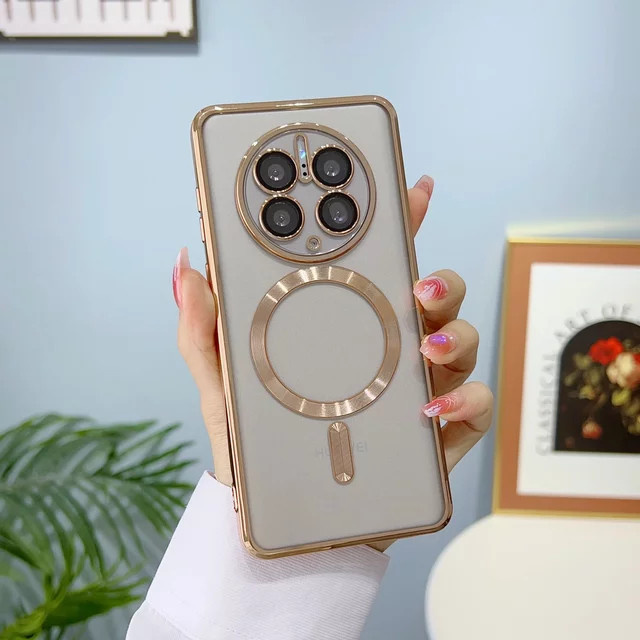 Magnetische Schutzhülle für Huawei Mate 50 40 30 20 P50 P40 P30 Pro mit Glas-Objektivschutz und TPU-Rand in Transparent/Silber - Bild 1