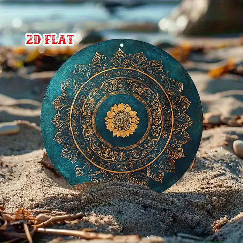 Rundes Vintage Blechschild HELLOYOUNG mit goldenem Lotus und türkisfarbenem Blumenmuster als Wanddekoration aus Metall - Bild 4