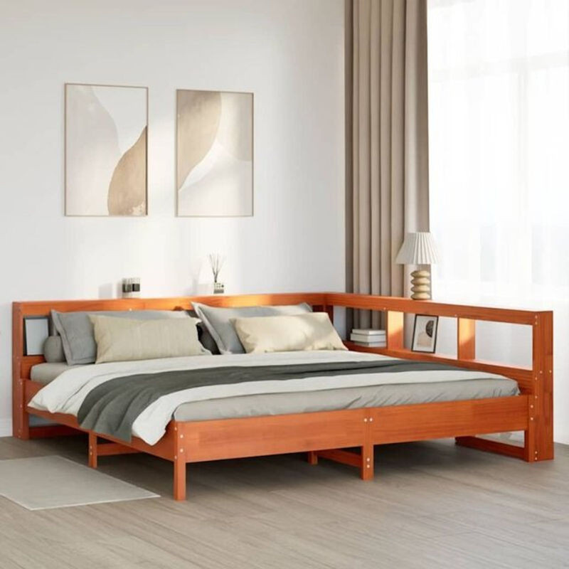 Massivholzbett aus Kiefer mit Regal von Vidaxl in Braun, B/T/H: 180 x 200 x 80 cm - Bild 1