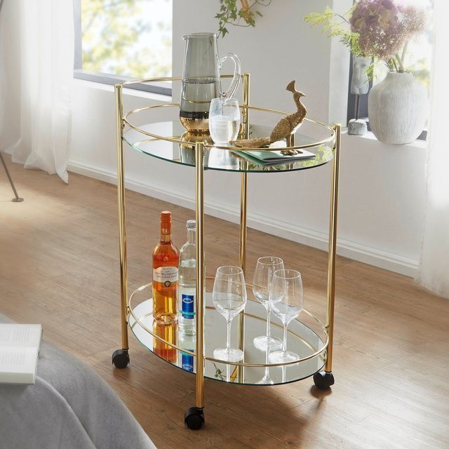 FineBuy Servierwagen Gold mit Glasplatten und Rollen als Beistelltisch im Retro-Design - Bild 1