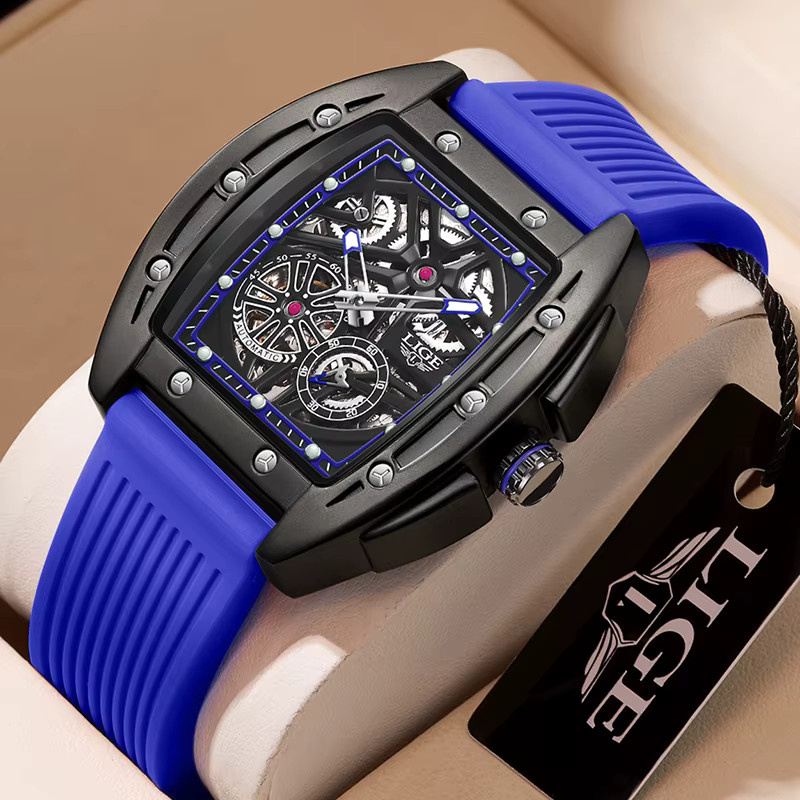LIGE Armbanduhr Automatik, Sporttaucheruhr, Silikon, Schwarz, Orange, Herren - Bild 2