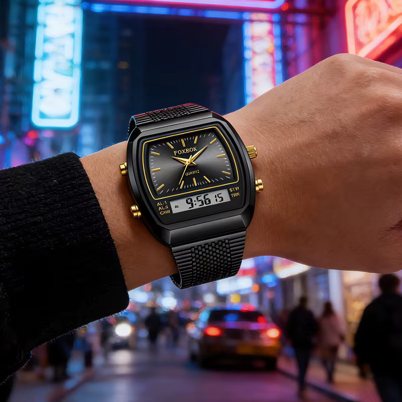 FOXBOX Armbanduhr, Quarz, Digitaluhr, Edelstahl, Schwarz, Herren - Bild 5