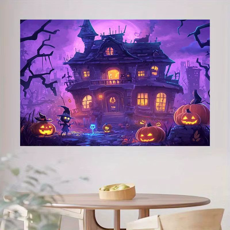 Sjs Halloween Hintergrundstoff mit Hexe, Kürbislaterne und Spukhaus-Design, mehrfarbig - Bild 2