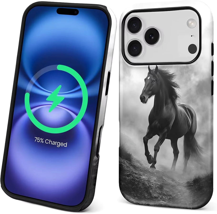 Mairuige Handyhülle Black Horse Running Misty Mountains Hybrid Dual-Layer Hard Shell stoßfest in Schwarz und Gold für iPhone 17 16 15 14 13 12 Pro Max Plus - Bild 2