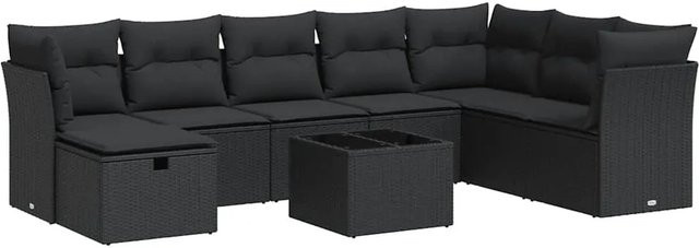 vidaXL 9-tlg. Garten-Sofagarnitur in L-Form aus Poly-Rattan und pulverbeschichtetem Stahl mit Kissen in Schwarz - Bild 1