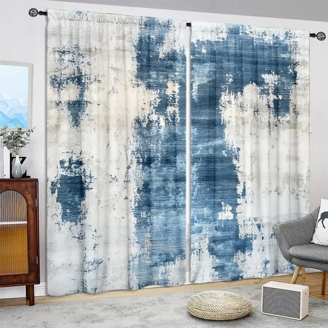 2er-Set Vorhang mit geometrischem Druck in Blau und Grau, halbtransparent, Breite: 52,5 cm, Höhe: 116 cm - Bild 1