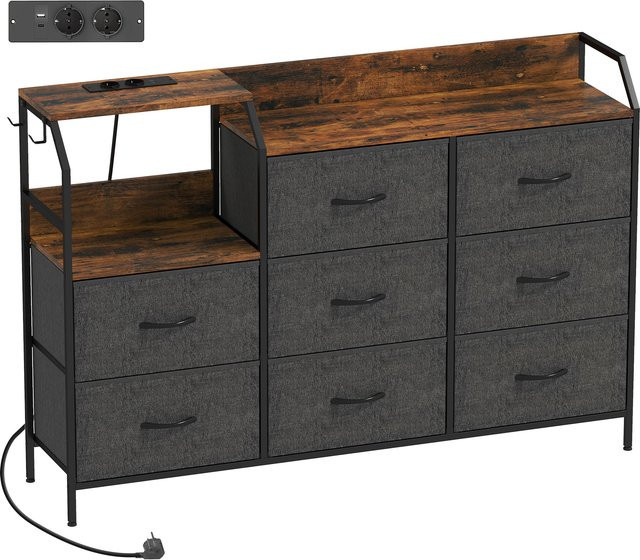 HOMCOM Kommode Schrank mit 8 Schubladen aus Vliesstoff und Stahlrahmen mit Ladestation und Haken, Rustikal-Braun+Schwarz - Bild 1