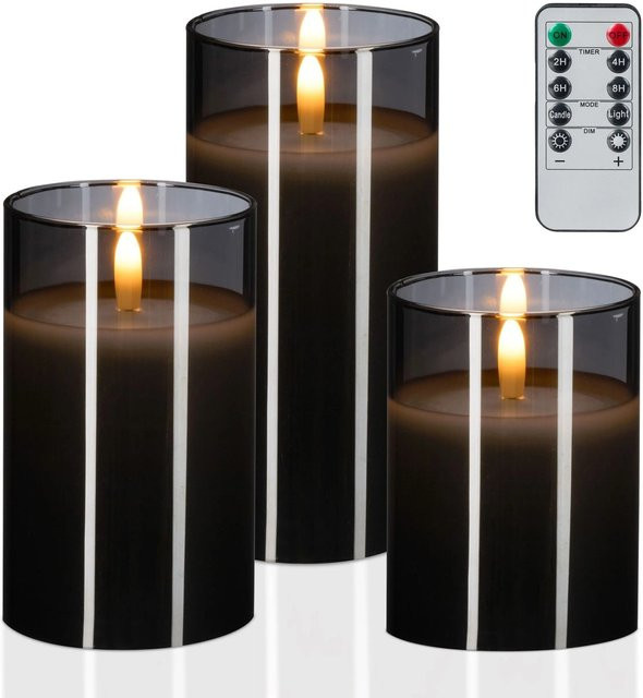 Relaxdays LED Kerzen im Glas 3er Set aus Echtwachs in Grau mit warmweißem Flackerffekt und Fernbedienung, B/T/H: 7,5 x 10 x 12,5 cm, 7,5 x 12,5 x 15 cm und 7,5 x 15 x 15 cm - Bild 1