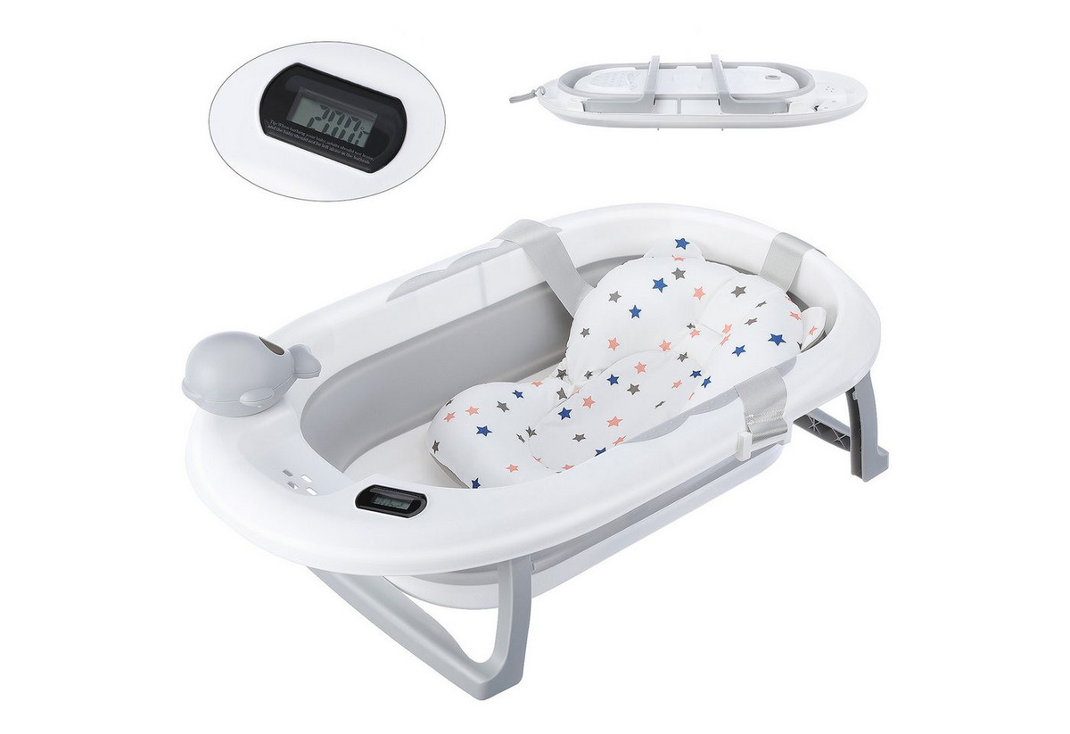 oyajia Babybadewanne faltbar mit Thermometer und weichem Schwimmkissen für Kinder von 0 bis 2 Jahren, rutschfest - Bild 1