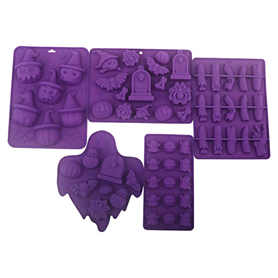 Meibum Halloween Silikonbackformen Set mit Totenkopf, Geist, Fledermaus, Spinne und Fingern in Lila für Schokoladenmousse und Desserts - Bild 3