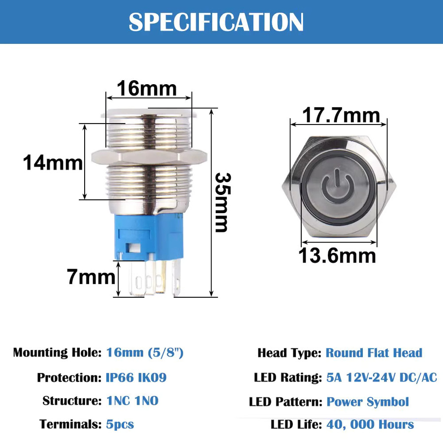AOKIN Metall-Drucktastenschalter Set, 5 Stück, wasserdicht und vandalensicher, 16 mm, silberfarben und blau, 12 V-24 V, EIN/Aus, für 5/8 Zoll Montageloch - Bild 3