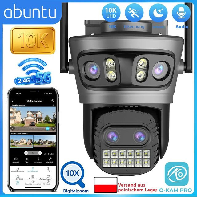 Abuntu 10K PTZ WLAN-Sicherheitskamera für Außenbereich mit 20MP, Vier Objektiven, Vier Bildschirmen, 10-fach Digitalzoom und 2,4G & 5G Dual-Frequenz Wi-Fi in Schwarz - Bild 1