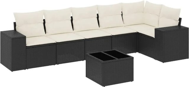 vidaXL 7-teilige Garten-Sofagarnitur in L-Form aus Poly-Rattan mit Kissen in Schwarz-Creme - Bild 1