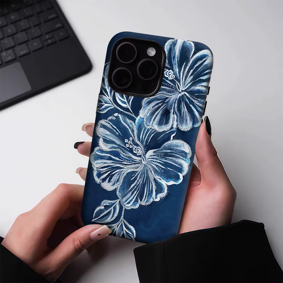 Robuste doppelschichtige Handyhülle mit Blumenmuster von Potdemiel für iPhone 17 16 15 14 13 Pro Max Plus, Marineblau und Weiß, magnetisch kompatibel - Bild 4