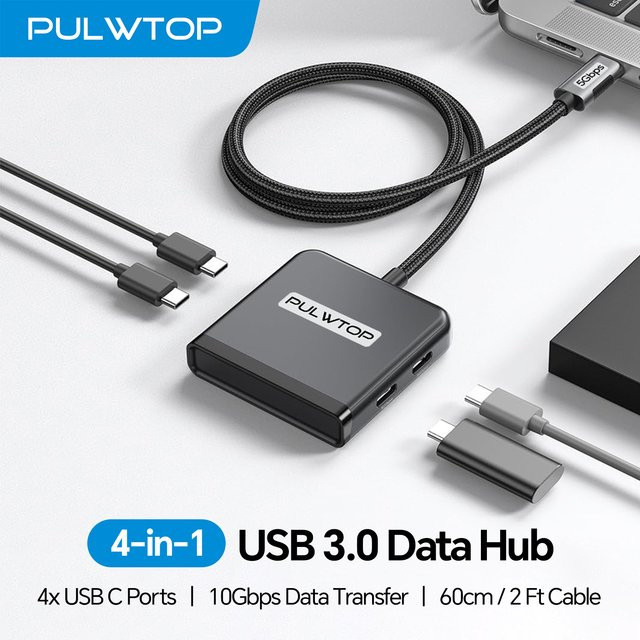PULWTOP 4-Port USB-C-Hub Multiport-Adapter mit 5 Gbit/s-Anschlüssen in Grau für MacBook, Chromebook und XPS - Bild 1