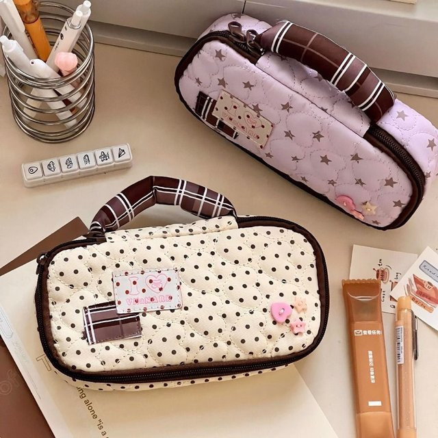 Handliches koreanisches Federmäppchen mit Polka Dots in Lila, tragbare Schreibwaren-Tasche aus Textil mit großer Kapazität für Schüler - Bild 1