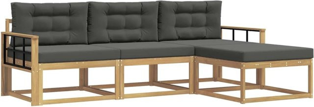 vidaXL Outdoor-Sofagarnitur 4-teilig L-Form mit Ottoman, Akazienholz und UV-beständigem Polyester in Weiß und Anthrazit - Bild 1