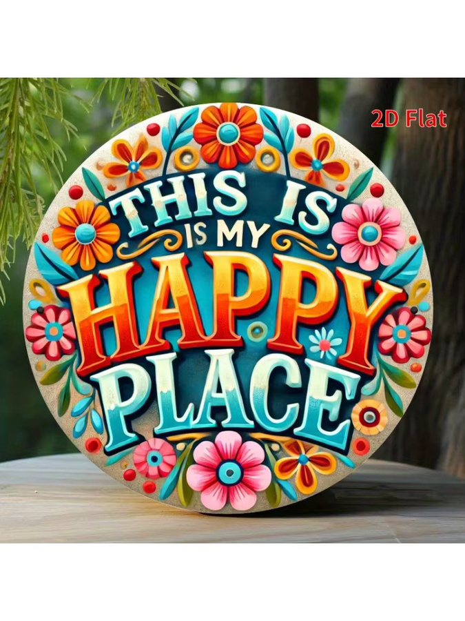 Rundes Metall-Wandkunstschild Potdemiel This Is My Happy Place mit floralem Design und Typografie in Multicolour, Durchmesser: 20 cm - Bild 5