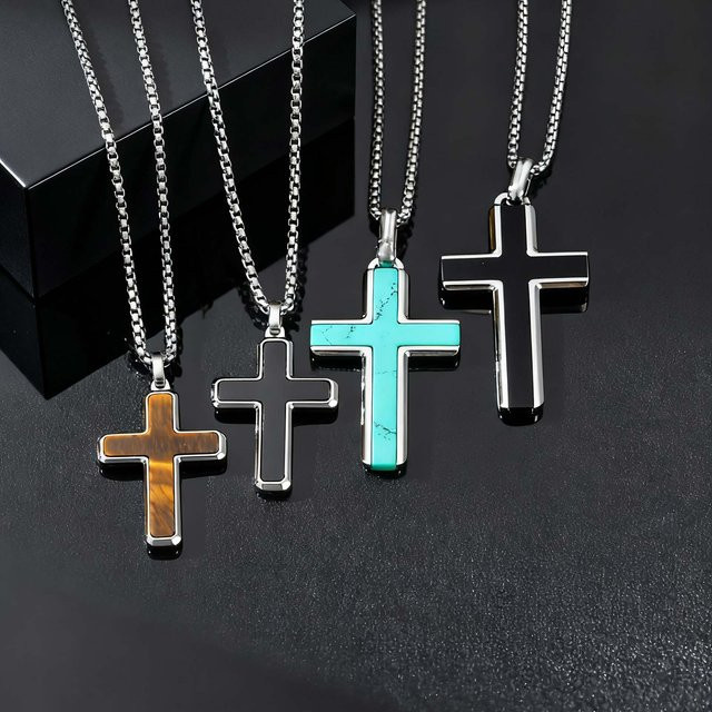 prjewel Halskette mit Kreuz-Anhänger, Edelstahl, Naturstein, Herren - Bild 1