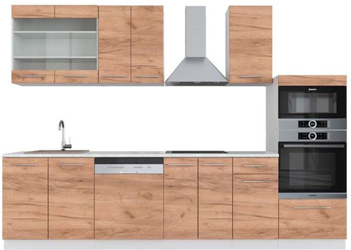 Vicco Küchenzeile Fame-Line in Eiche Natur und Weiß mit Hochschrank und Marmor-Optik, Breite: 300 cm - Bild 1